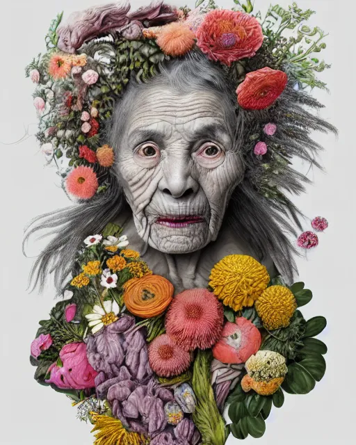 Prompt: a portrait of a fleshy old woman covered in flowers in the style of guiseppe arcimboldo and james jean, covered in wispy gray hair with a hint of neon, hd 3 d, highly detailed and intricate. centred in image.