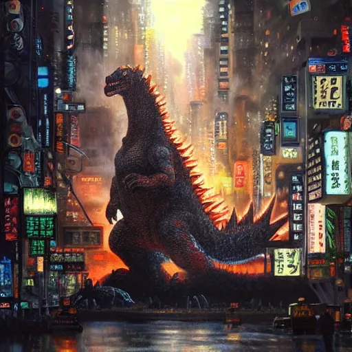 Prompt: a hyper-realistic stunning oil painting of a giant Godzilla monster peacefully coexisting with the people of Neo Tokyo; hyper-detailed!!!; an extraordinary masterpiece!!!; flawless; trending on artstation