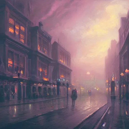 Image similar to a beautiful artwork painting of an alien mothership hovering above rainy victorian london at sunset, by andreas rocha, featured on artstation