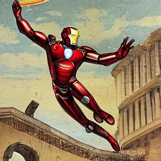 Image similar to hellenistic greece painting of ironman flying across the coliseum