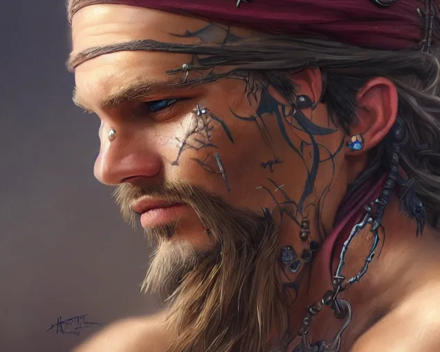 Image similar to close up of a pirate with scars and a face tattoo depicting neural networks and ai, deep focus, d & d, fantasy, intricate, elegant, highly detailed, digital painting, artstation, concept art, matte, sharp focus, illustration, hearthstone, art by artgerm and greg rutkowski and alphonse mucha