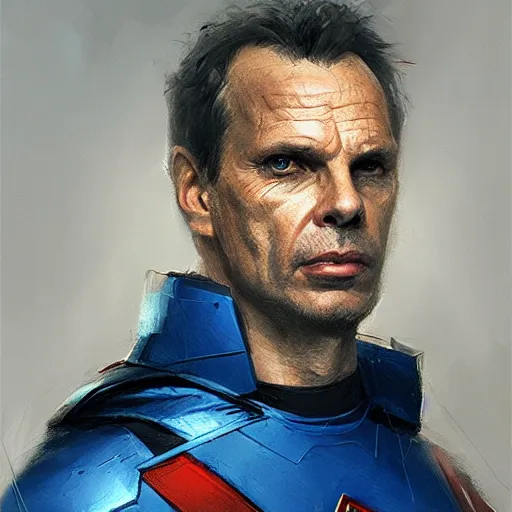 Prompt: portrait of superhero by greg rutkowski, michael biehn wearing a blue, black and red kevlar gear, highly detailed portrait, digital painting, artstation, concept art, smooth, sharp foccus ilustration, artstation hq