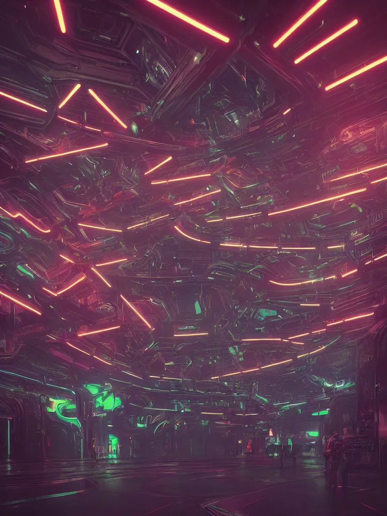 Image similar to futuristic gothic interior of a busy spaceport on an alien world, neon lighting and spotlights, intricate artwork by tooth wu and wlop and beeple. octane render, trending on artstation, greg rutkowski very coherent symmetrical artwork. cinematic, hyper realism, high detail, octane render