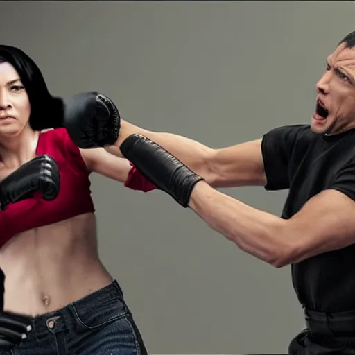 Prompt: black haired woman punching a bad guy in a movie, realistic, highly detailed