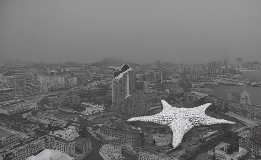 Image similar to found drone footage of a giant Kaiju monster with starfish-like arms, trampling over Pyongyang, long cast shadows, rimlight, film grain, monochrome