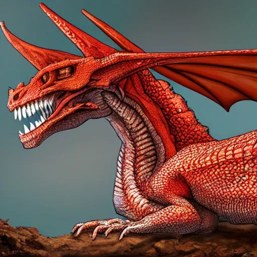 Image similar to red scaly dragon sleeping on a pile of bones in a dark dusty cave with a ray of light shining on it\'s face. Very detailed 8k. Photorealistic fantasy