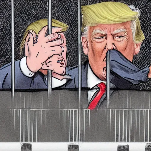 Prompt: Trump crying like a baby behind jail cell bars.