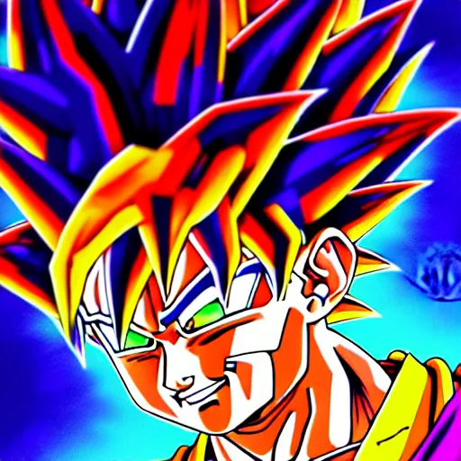 Image similar to An extremely psychedelic portrait of Goku, surreal, LSD, face, detailed, intricate, elegant, lithe, highly detailed, digital painting, artstation, concept art, smooth, sharp focus, illustration