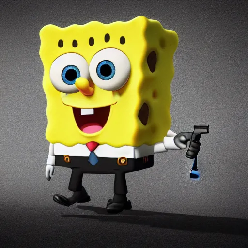 Prompt: cute spongebob in a suit while holding a gun, cartoon, digital art, 3 d rendered in octane, pixar character, blender, maya, shadows, lighting depth of view