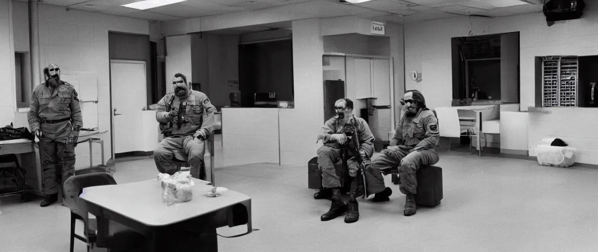 Image similar to filmic wide shot movie still 4 k hd interior 3 5 mm film color only photograph of two armed guards sitting down and talking in a break room in a military base, in the style of the horror film the thing 1 9 8 2