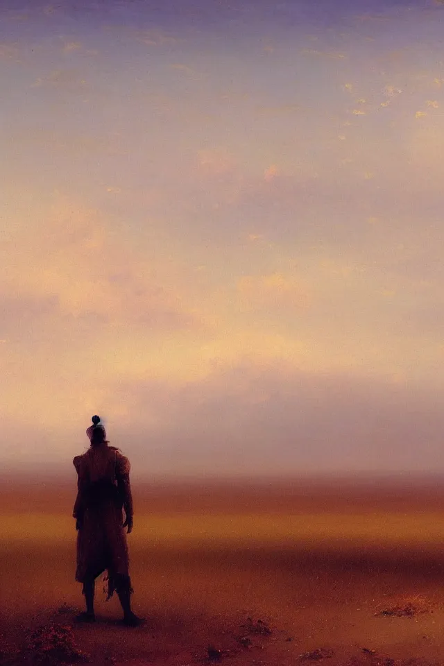 Image similar to concept art of the back view of one humanoid robot on the ground, many distant big tall buildings far away, vast wheat fields, by Ivan Aivazovsky, godrays, atmospheric, cinematic, distant world, wide angle, detailed