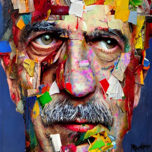 Prompt: hyperrealistic, photorealistic, mixed media oil painting of frank zappa, magazine scraps, plaster, blood, oil, mustard, cigarettes, splatter, trending on artstation, award - winning painting, greg rutkowski, basquiat, david lynch, ralph steadman, terry gilliam