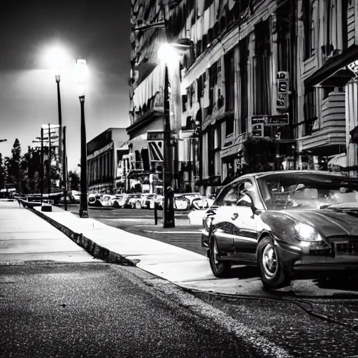 Image similar to deathclaw behind the wheel, subaru, street lighting, downtown environment, wide lens, 2 4 mm, street lamps