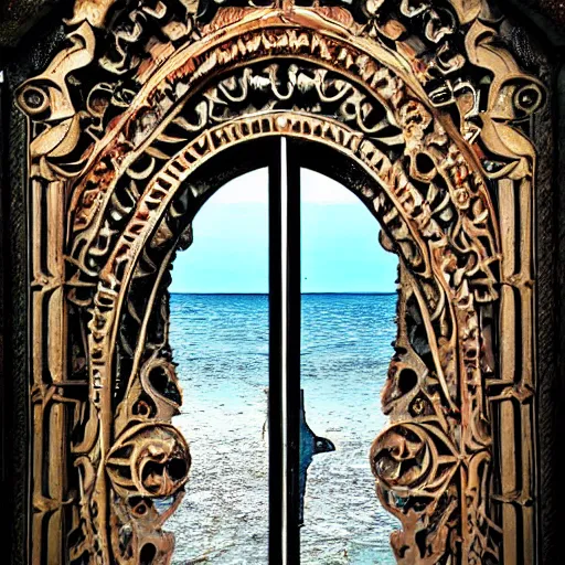 Image similar to A door in the sea, intricate details, eerie, highly detailed, colorful, clean, update