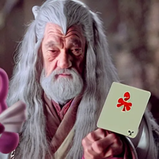 Image similar to portraid of gandalf wearing a Hello Kitty costume, holding a blank playing card up to the camera, movie still from the lord of the rings