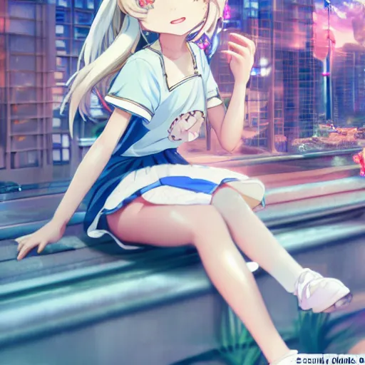 Image similar to a very beautiful anime girl, full body, long wavy blond hair, sky blue eyes, full round face, short smile, cute top, miniskirt, sitting on a miniature city, cinematic lightning, medium shot, mid-shot, highly detailed, trending on Artstation, Unreal Engine 4k, cinematic wallpaper by Stanley Artgerm Lau, WLOP, Rossdraws, James Jean, Andrei Riabovitchev, Marc Simonetti, and Sakimichan