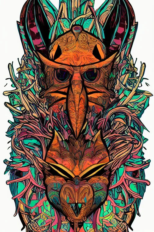 Image similar to animal mask totem roots flower tribal feather gemstone plant wood rock shaman vodoo video game vector cutout illustration vivid multicolor borderlands comics by josan gonzales and dan mumford radiating a glowing aura