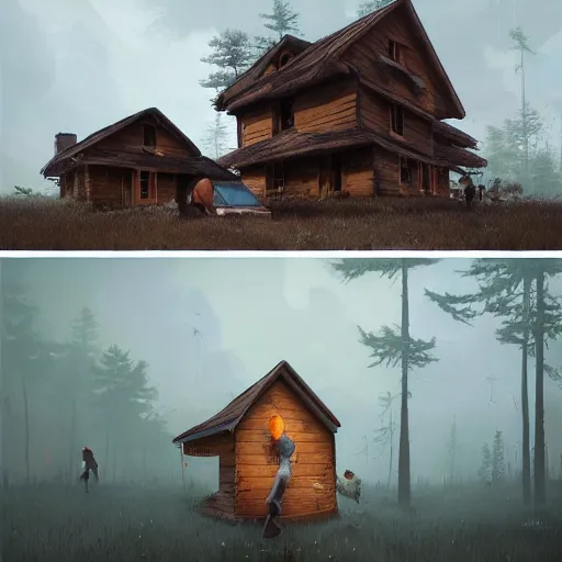 Image similar to woman leaving her wooden broken house by simon stålenhag, very highly detailed, award winning, rendered by Beeple, by Makoto Shinkai, syd meade, starwars, space art concept, digital art, unreal engine, blender, WLOP, trending on artstation, 4K UHD image, octane render