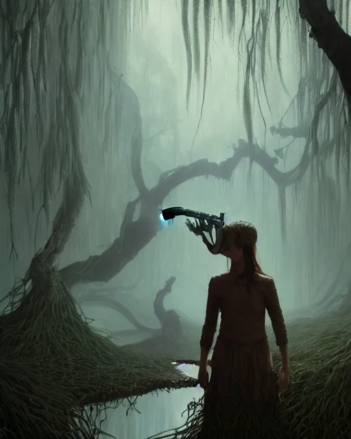 Image similar to highly detailed surreal vfx portrait of a cursed dagger in a shadowy swamp by a willow tree, stephen bliss, unreal engine, greg rutkowski, loish, rhads, beeple, makoto shinkai and lois van baarle, ilya kuvshinov, rossdraws, tom bagshaw, alphonse mucha, global illumination, detailed and intricate environment