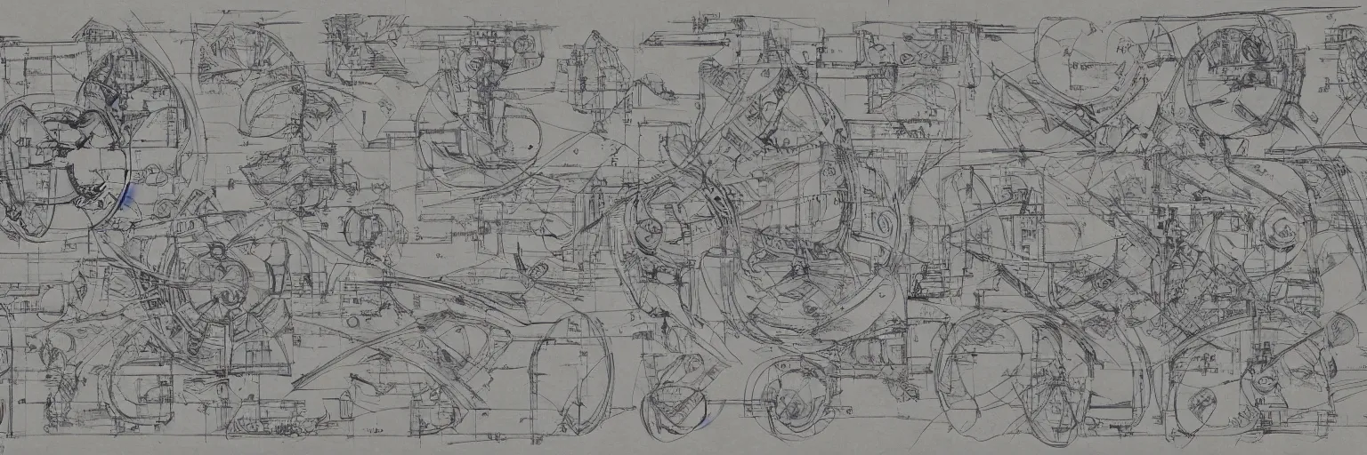 Image similar to blueprint for a sentient starship, technical drawing with annotations and notes in the margins, algorithms and physics equations, concept design by peter mohrbacher and craig mullins and hiroshi yoshida and james jean and frank frazetta and michael whelan and andreas rocha