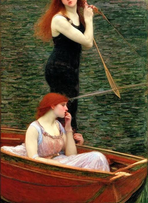 Image similar to lady of shallot as ophelia in a boat by john william waterhouse, rosetti, monet, william holman hunt, 8 k