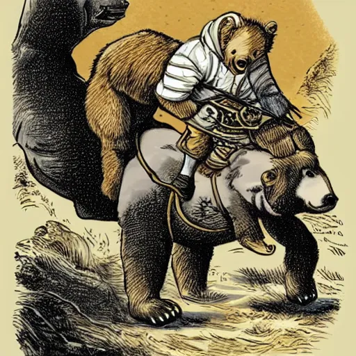 Image similar to jacob zuma riding a bear storybook style