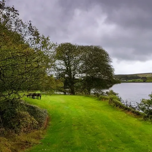 Prompt: the perfect home in the countryside of ireland deep in a forest with a lake with swans on it