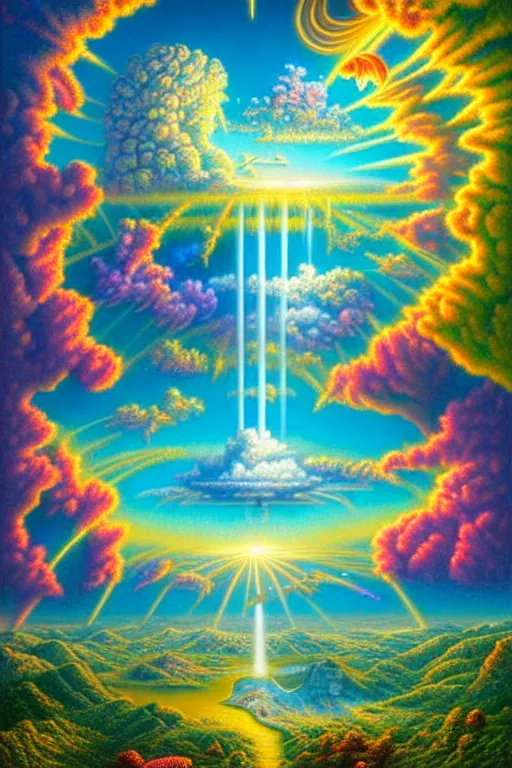 Prompt: a photorealistic detailed cinematic image of a beautiful vibrant iridescent future for human evolution, spiritual science, divinity, utopian, cumulus clouds, ornate retreat, resort for the soul, wildlife preservation, waterfall, isometric, by tim white, hana faith yata, david a. hardy, kinkade, lisa frank, wpa, public works mural, socialist