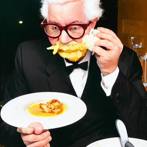 Image similar to colonel sanders eating in a michelin star french restaurant