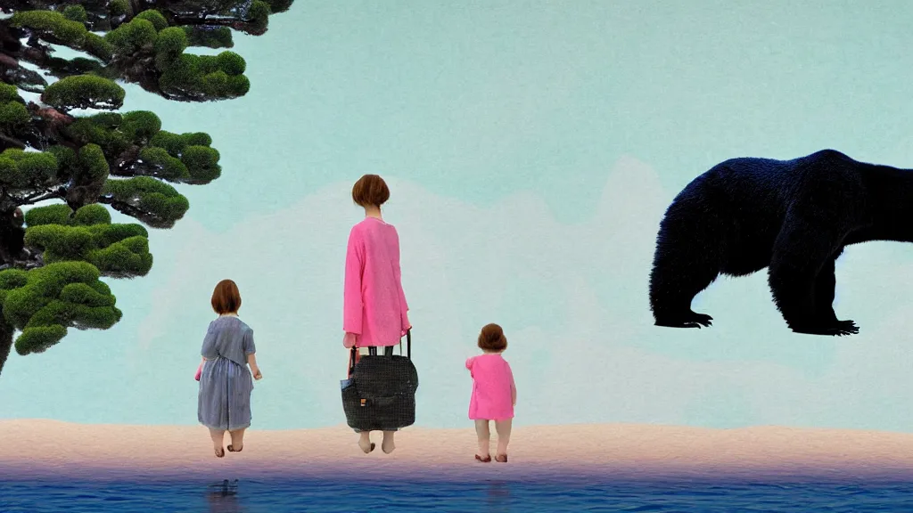 Image similar to a mama and baby bear at a seaside landscape with sequoia trees, japan, a collage painting, in the style of wes anderson, lola dupre, david hockney, isolated on negative white space background dark monochrome neon spraypaint accents volumetric octane render