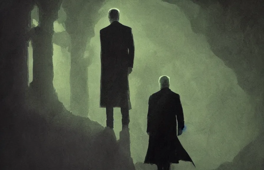 Prompt: Joe Biden casts a long shadow, by Greg Rutkowski and Dave McKean green color palette