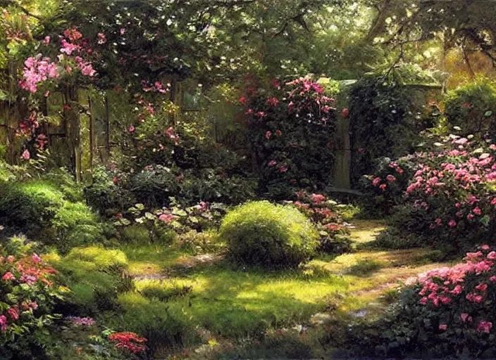 Image similar to oil painting by james gurney of a secret garden, some edges lost, high contrast, subtle tones, calm, serene landscape, beautiful detailed garden painting