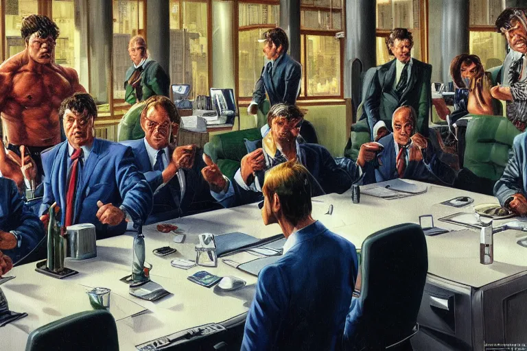 Image similar to the hulk wearing a business suit sitting at a table in a corporate board meeting, oil on canvas, intricate, full scene, 8 k highly professionally detailed, hdr, joe jusko