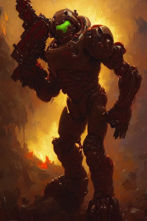 Image similar to doom marine fighting a can of baked beans portrait dnd, painting by gaston bussiere, craig mullins, greg rutkowski, yoji shinkawa