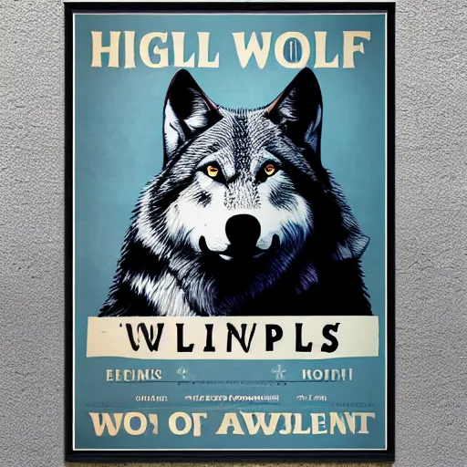 Prompt: a professional poster of a wolf with the word Regales written on it, 8K, HD, highly detailed