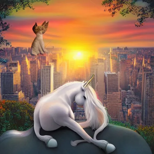 Prompt: a surreal art of a unicorn cat, watching the sunset over manhattan