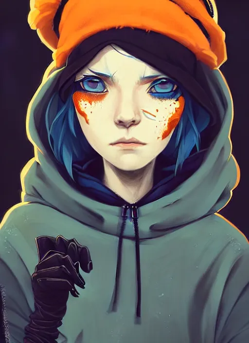 Prompt: highly detailed portrait of a sewer punk lady student, blue eyes, leather hoodie, hat, white hair by atey ghailan, by greg tocchini, by james gilleard, by kaethe butcher, by greg tocchini, gradient orange, black, brown and cyan color scheme, grunge aesthetic!!! ( ( graffiti tag wall background ) )