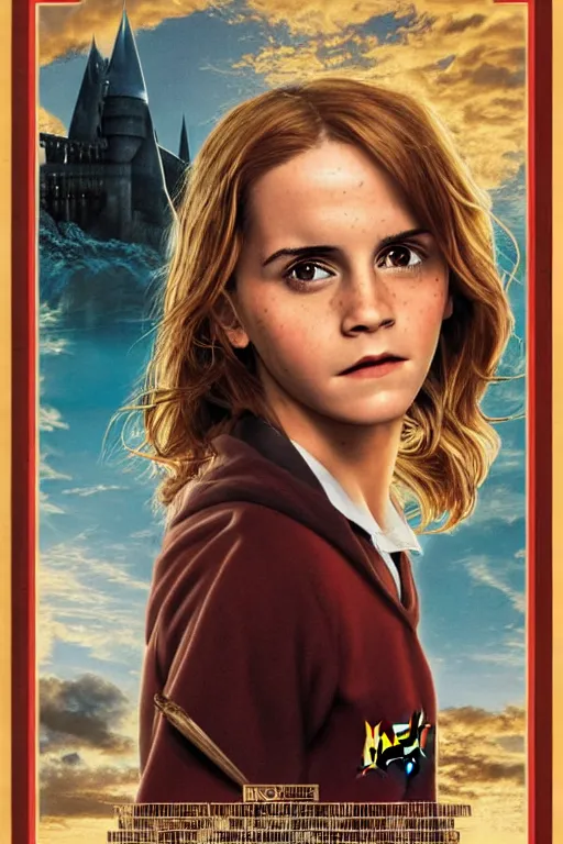 Prompt: Harry Potter movie poster about Emma Watson becoming a camel, design by Drew Struzan