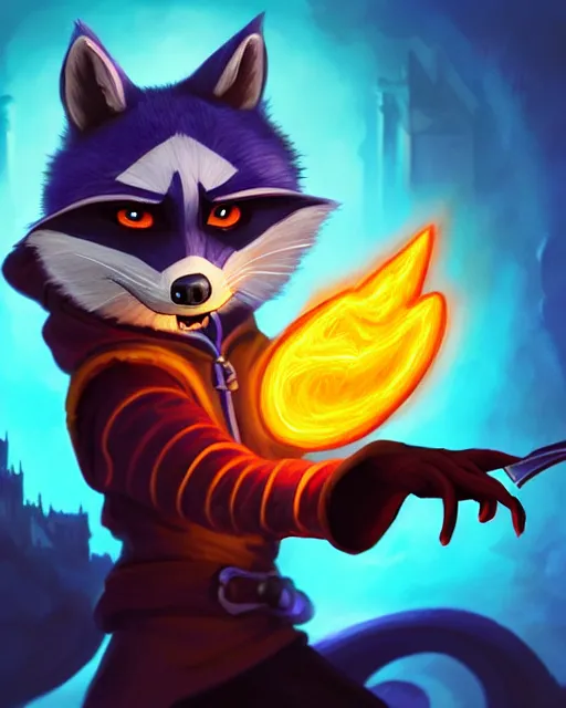 Image similar to closeup, highly detailed digital illustration portrait of hooded sorcerer sly cooper raccoon casting a magical glowing spell in a castle, action pose, d & d, magic the gathering, by rhads, lois van baarle, jean - baptiste monge,