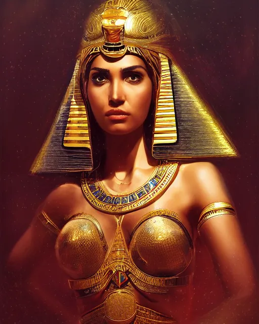 Image similar to Jessica Kahawaty as a beautiful egyptian princess, gorgeous, portrait, Symmetrical, powerful, intricate, beautiful, masterpiece, elegant, volumetric lighting, highly detailed, artstation, sharp focus, no cropping, illustration, Jean-Leon Gerome , ruan jia