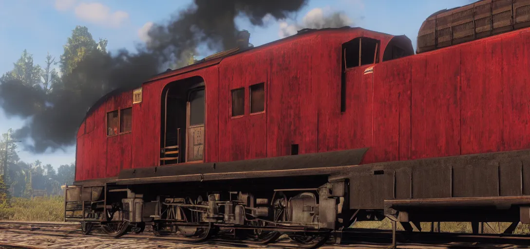 Prompt: A train in red dead redemption 2, screenshot, high quality image, widescreen, in-game engine, 8k, octane render