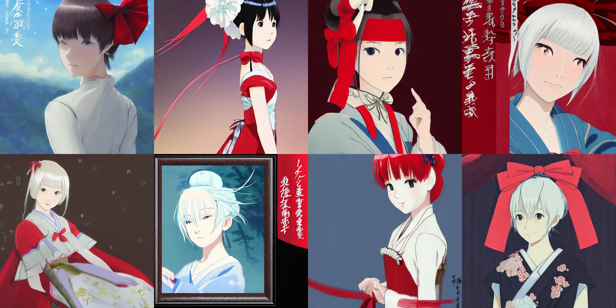 Prompt: Portrait of a japanese princess young lady, with white hair and bangs with a red with a red bow tied in her hair!!!! beauty artwork by Makoto Shinkai, Studio Ghibli, white hair, ayaka genshin impact, ayaka, ayaka game genshin impact, ayaka, extremely detailed, beautiful, establishing shot, artistic, shadows, high quality, unreal engine, overwatch art team