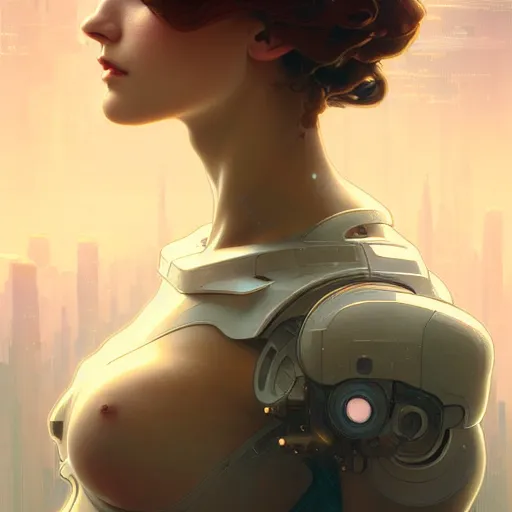 Image similar to portrait of beautiful girl with robot body by artgerm and greg rutkowski and alphonse mucha, close up, portrait, cinematic, elegant, artstation, intricate, highly detailed, digital painting, artstation, concept art, sharp focus, illustration, cyberpunk, cgsociety, 8 k