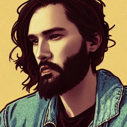 Prompt: an extremely detailed full body portrait of a ridiculously good looking jesus that looks like a hipster outside a coffee shop, ultrawide lens, wearing a jean jacket with a nirvana jacket and a beenie, carrying a skateboard shaped like a cross, waxed beard, very detailed, beautiful, intricate, artstation, alphonse mucha, greg rutkowski, rossdraws, octane render