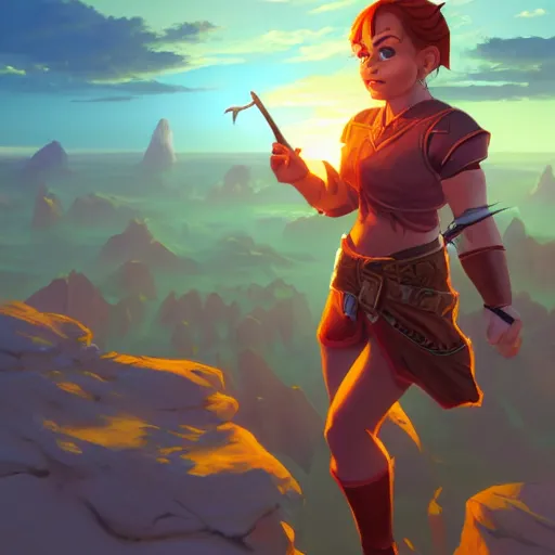 Image similar to female halfling, rouge, dungeons and dragons, sunset, behance hd by jesper ejsing, by rhads, makoto shinkai and lois van baarle, ilya kuvshinov, rossdraws radiating a glowing aura global illumination ray tracing hdr