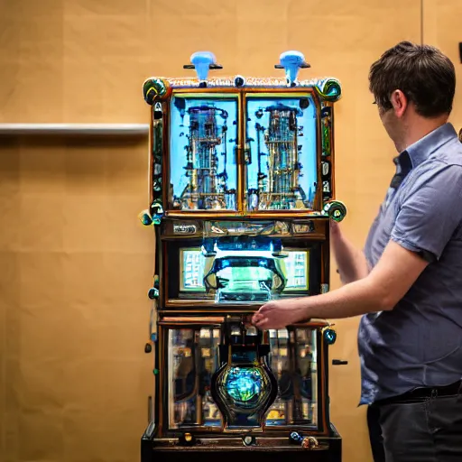 Image similar to a random pointlessly elaborate intricate contraption pneumatic machine with no apparent purpose, being operated by a scholarly looking man with a clear directed gaze, xf iq 4, f / 1. 4, iso 2 0 0, 1 / 1 6 0 s, 8 k, raw, unedited, symmetrical balance, in - frame