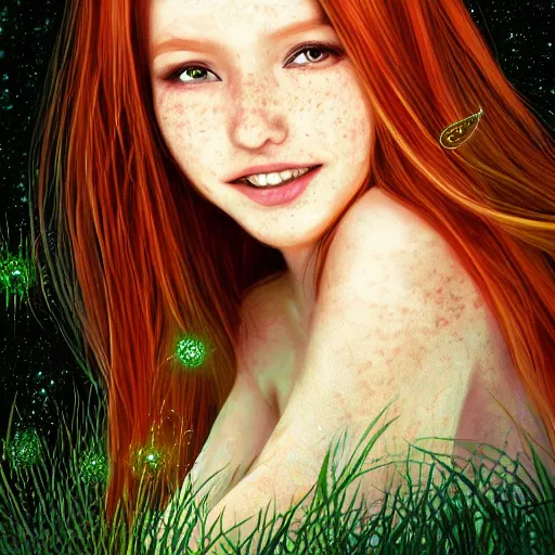 Image similar to highly detailed sharp wallpaper portrait of a red haired girl softly smiling among fireflies, with long hair, green eyes, round face, hint of freckles, intricate details, dramatic light, golden ratio, hyper realistic digital art