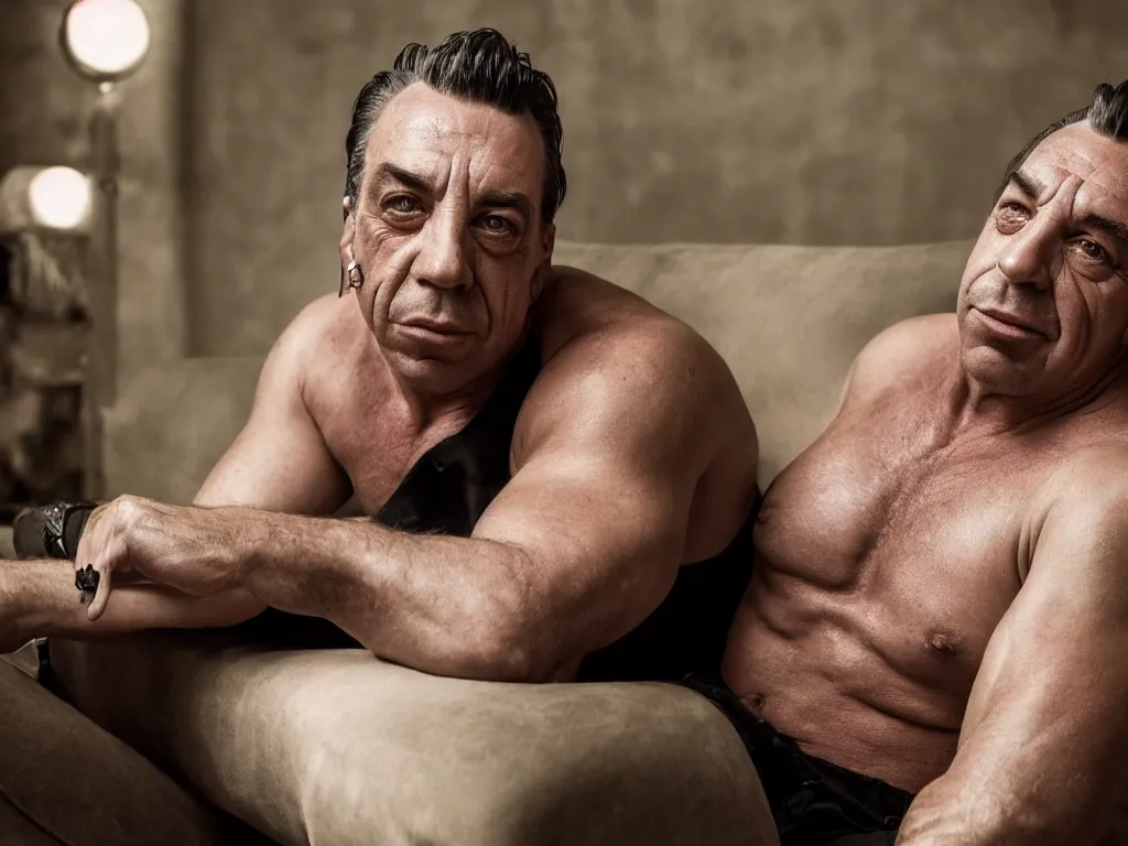 Image similar to close - up photo of a till lindemann on the couch by steve mccurry, photorealistic, wide lens, 4 k, trending on artstation