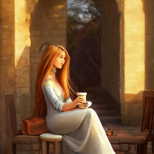 Prompt: a huge fantasy courtyard, a young pretty woman with long hair sits with a coffee, golden morning light, dramatic light, happy cozy feelings, oil painting trending on artstation