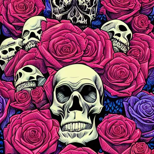 Image similar to ortographic view of large skulls and vivid roses by Jen Bartel and Dan Mumford and Satoshi Kon, gouache illustration